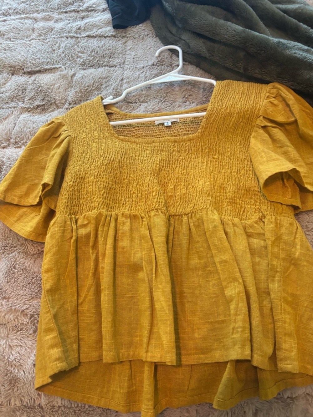 EARTHBOUND Mustard Smocked Square-Neck Peplum Top